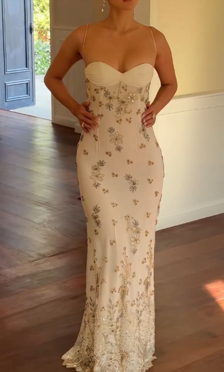 Classy White Sheath Spaghetti Strap Embroidery Beaded Chiffon Dress Prom Evening Dress L77
