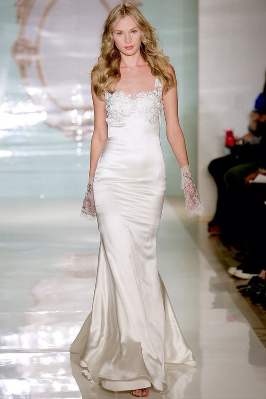 Elegant White Mermaid Dress Spaghetti Strap Lace Beaded Satin Dress Prom Evening Dress L78