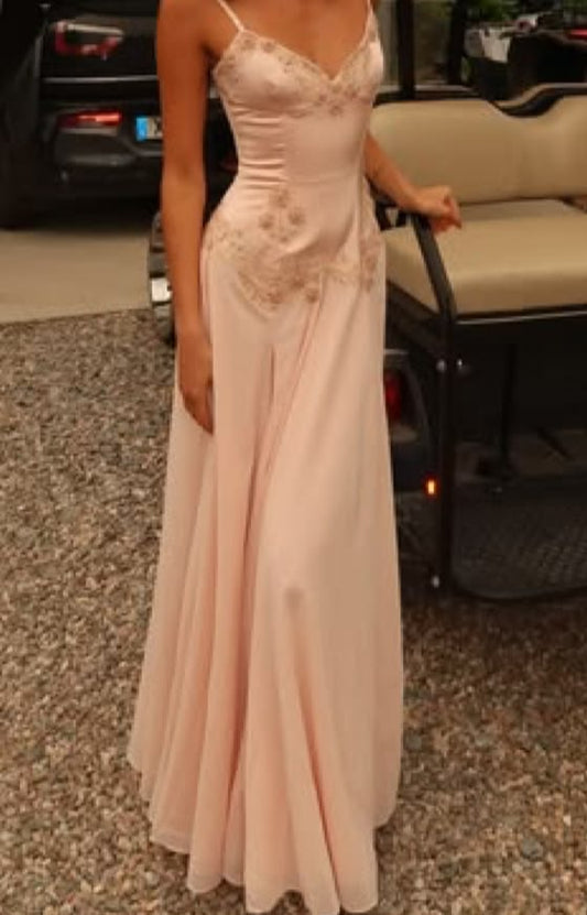 Pretty Light Pink A-Line Spaghetti Strap Floral Embroidery Chiffon Dress Prom Dress Evening Dress L80