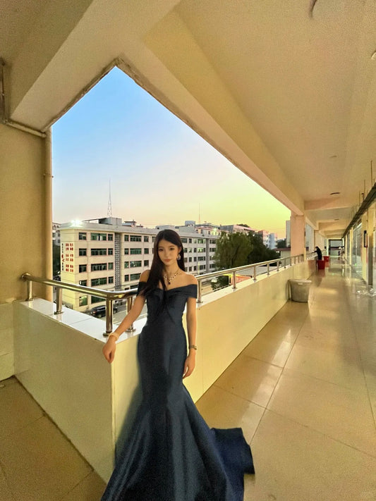 Classy Navy Mermaid Dress Off-The-Shoulder Satin Dress Prom Evening Dress L82