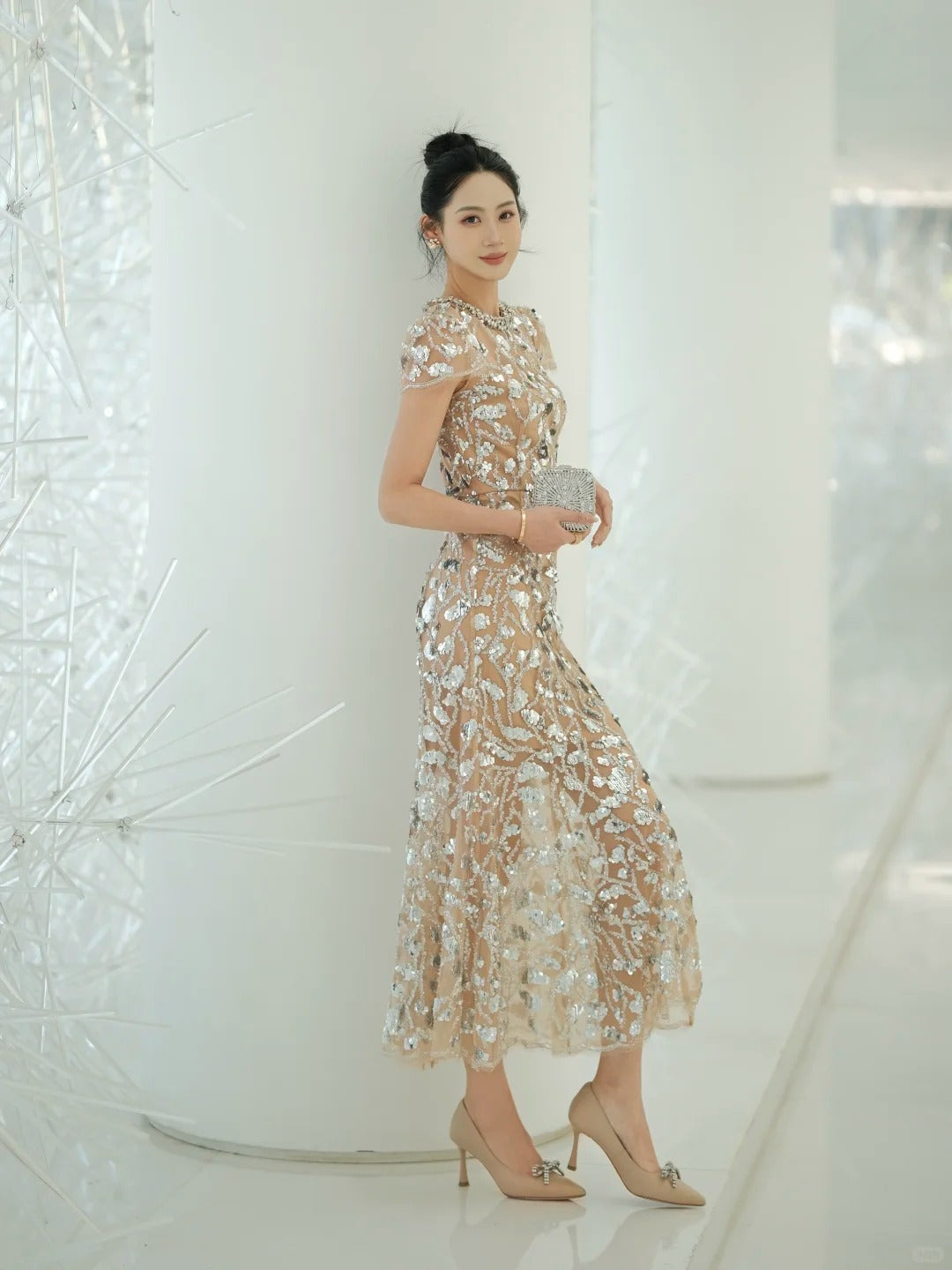 Luxurious Nude Mermaid Dress Round Neck Sequins Tulle Dress Prom Evening Dress L87