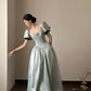 Elegant Mint Green Ball Gown Square Puff Sleeves Handmade Flower Satin Quinceanera Dress 16 L89
