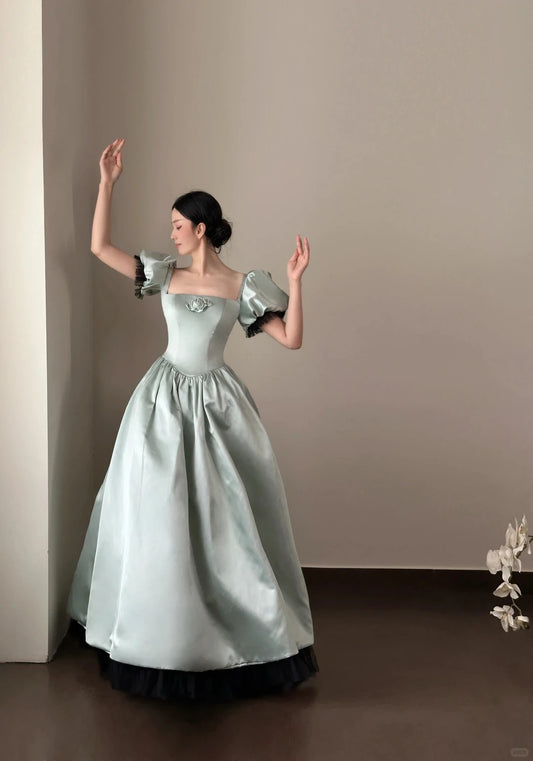 Elegant Mint Green Ball Gown Square Puff Sleeves Handmade Flower Satin Quinceanera Dress 16 L89
