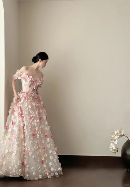Dreamy Ivory Ball Gown Off-The-Shoulder Floral Appliques Tulle Dress Quinceanera Dress 16 L90