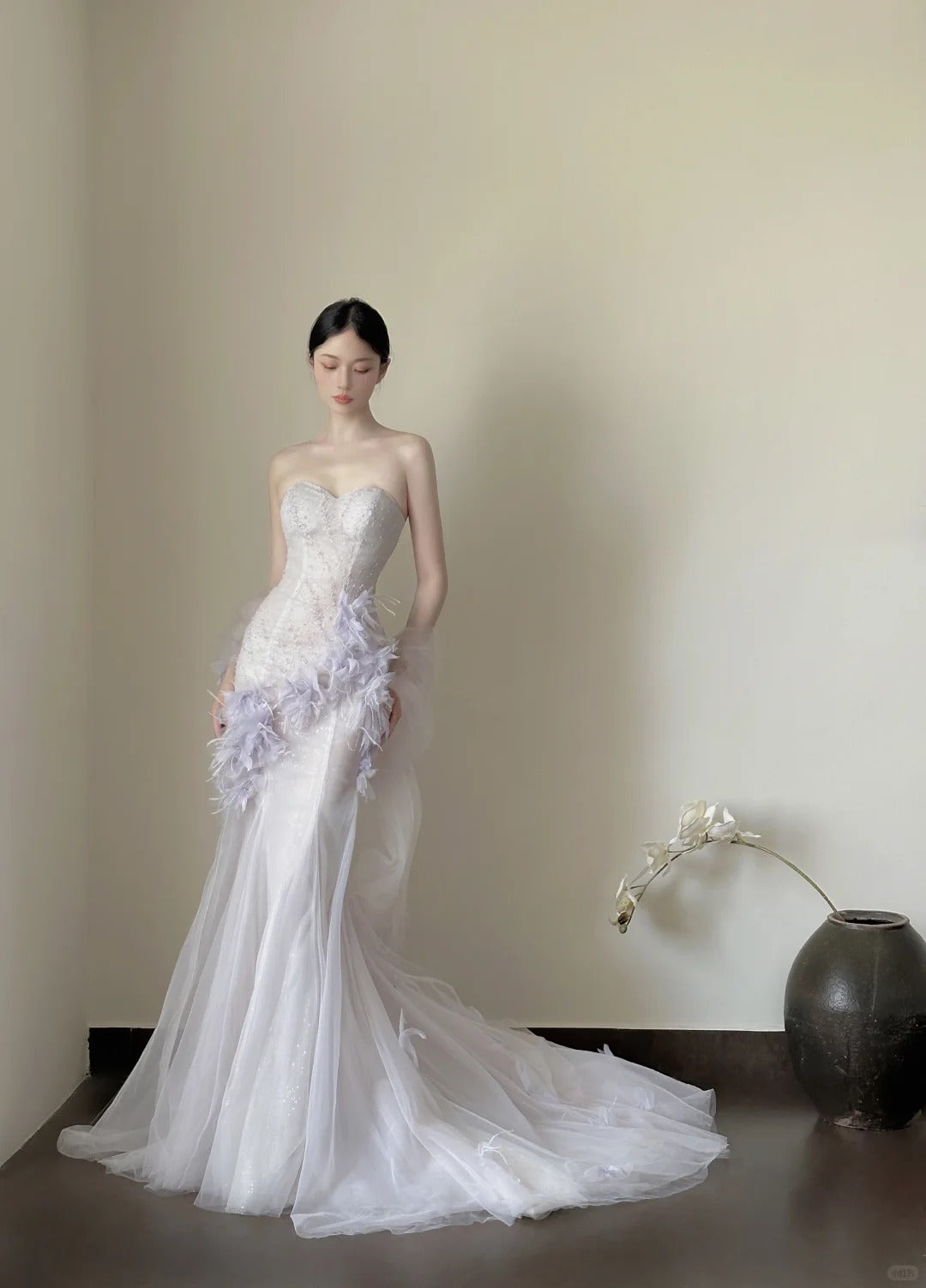 Fairy Young Purple Tulle Wedding Dress Sweetheart Mermaid Handmade Flowers Garden Wedding Dress L91
