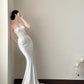 Classy White Satin Wedding Dress Sweetheart Mermaid Lace Corset Bodice Garden Wedding Dress L92