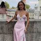 Pretty Pink Sheath Halter Lace A Side Slit Satin Dress Prom Evening Dress L93