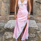 Pretty Pink Sheath Halter Lace A Side Slit Satin Dress Prom Evening Dress L93