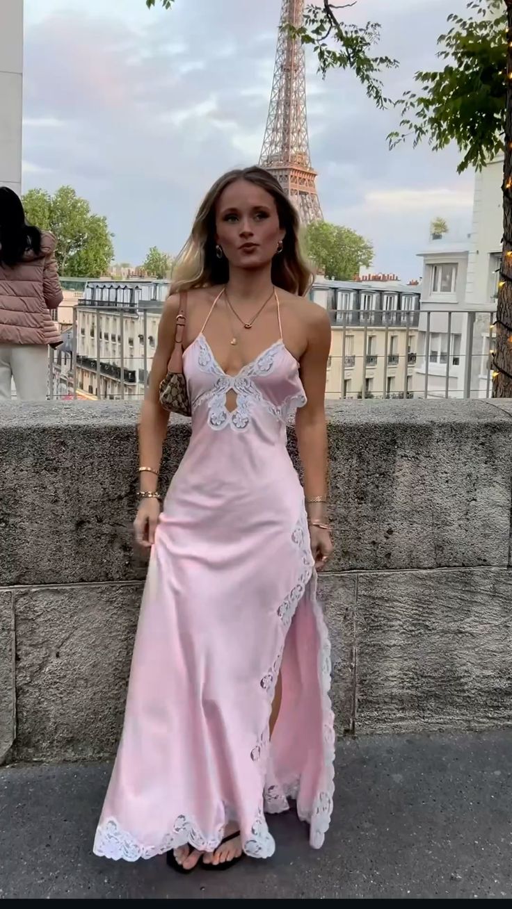 Pretty Pink Sheath Halter Lace A Side Slit Satin Dress Prom Evening Dress L93