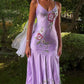 Chic Purple Sheath Spaghetti Strap Embroidery Beaded Rhinestone Satin Dress Prom Evening Dress L94