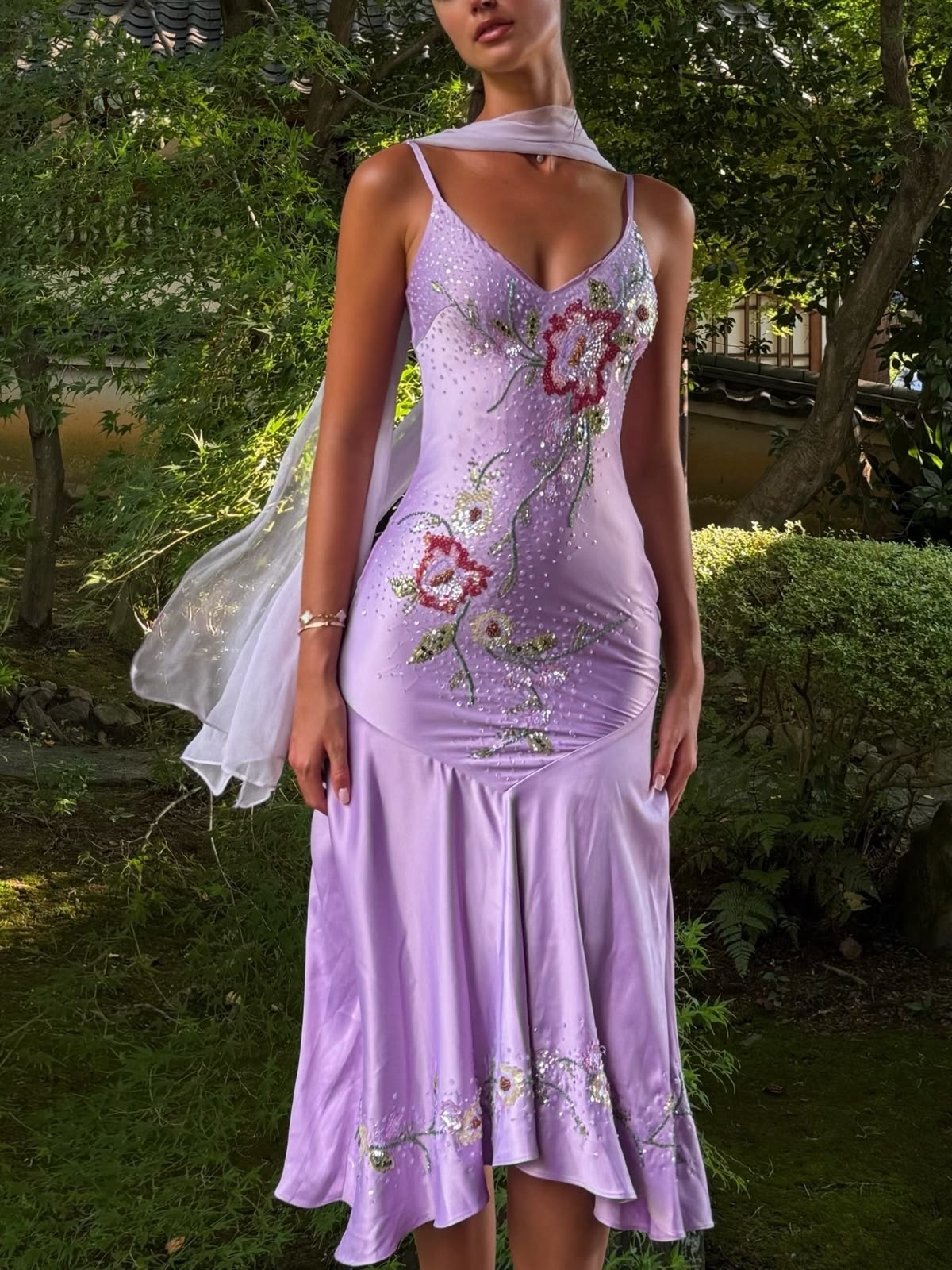 Chic Purple Sheath Spaghetti Strap Embroidery Beaded Rhinestone Satin Dress Prom Evening Dress L94