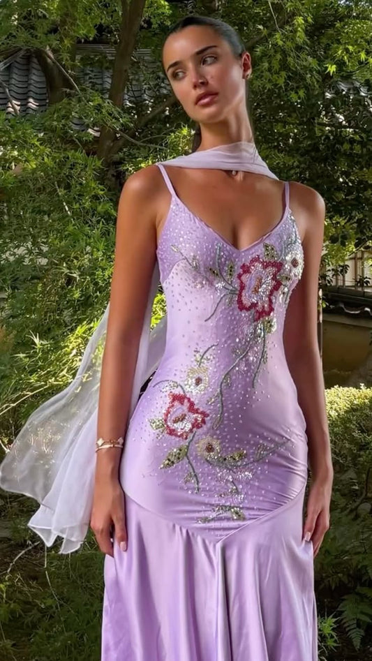 Chic Purple Sheath Spaghetti Strap Embroidery Beaded Rhinestone Satin Dress Prom Evening Dress L94