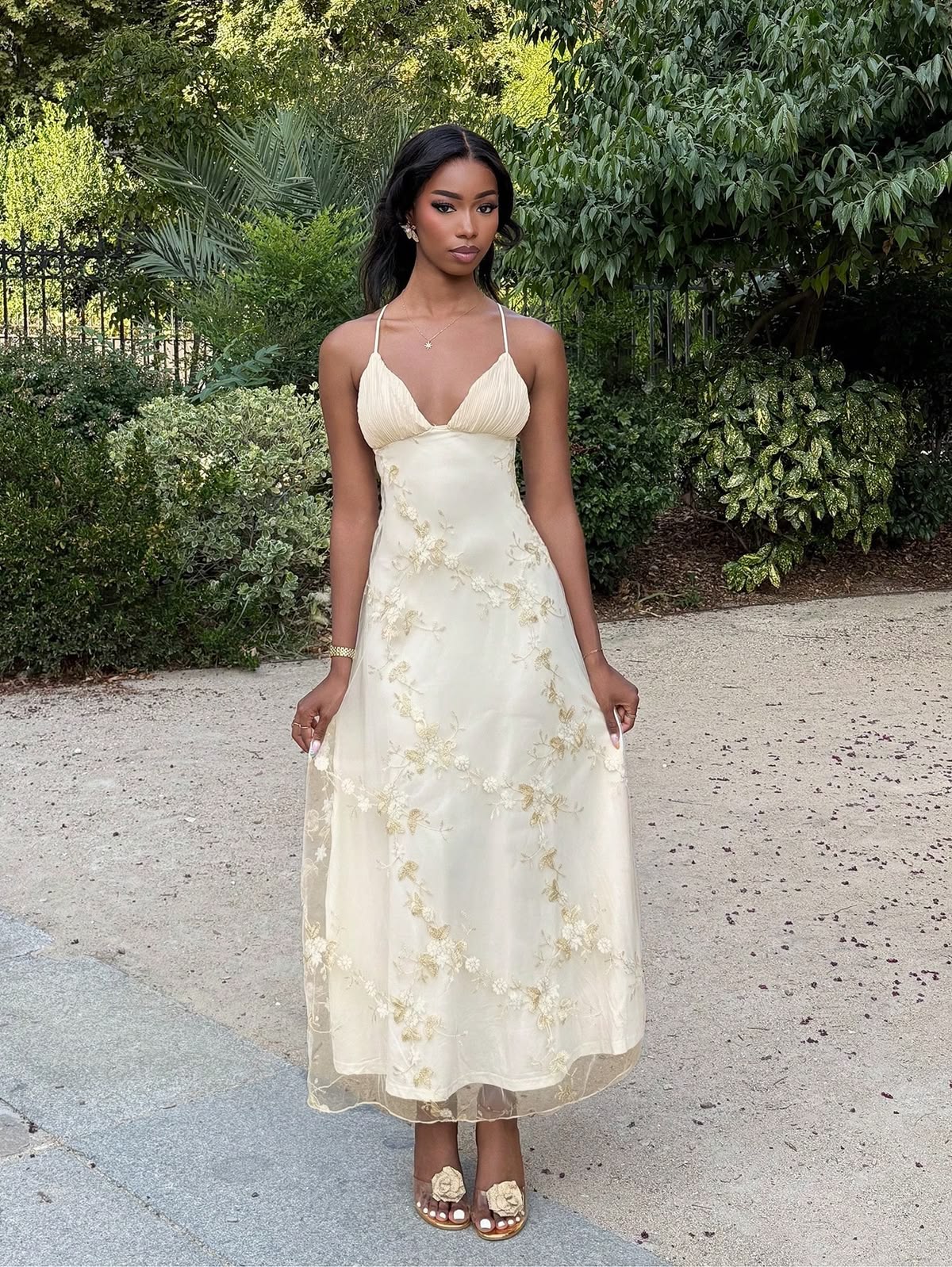 Modest Pastel Yellow Sheath Spaghetti Strap Floral Embroidery Tulle Dress Prom Evening Dress L96