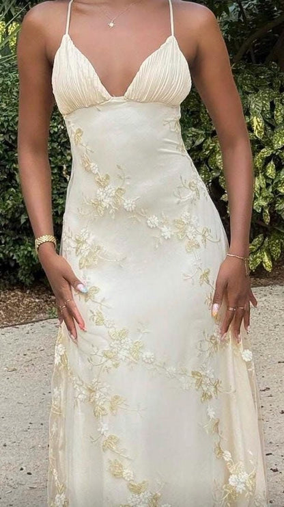 Modest Pastel Yellow Sheath Spaghetti Strap Floral Embroidery Tulle Dress Prom Evening Dress L96