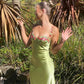 Classy Green Sheath Spaghetti Strap Floral Embroidery Satin Dress Prom Evening Dress L99