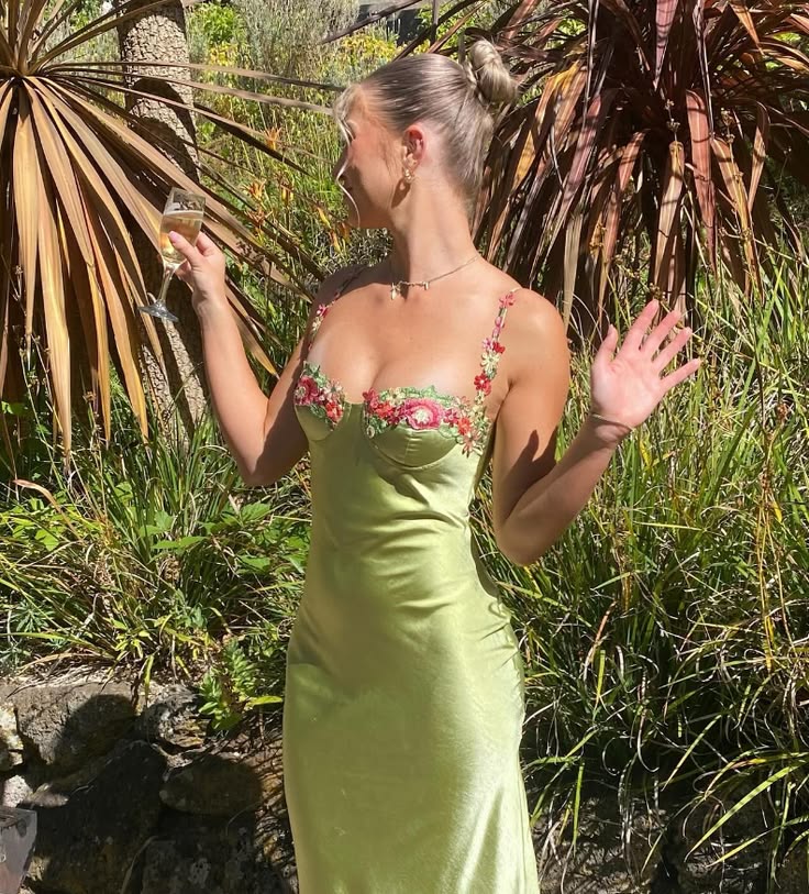Classy Green Sheath Spaghetti Strap Floral Embroidery Satin Dress Prom Evening Dress L99
