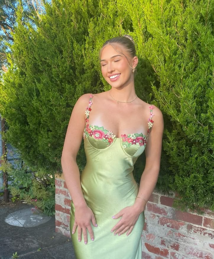 Classy Green Sheath Spaghetti Strap Floral Embroidery Satin Dress Prom Evening Dress L99
