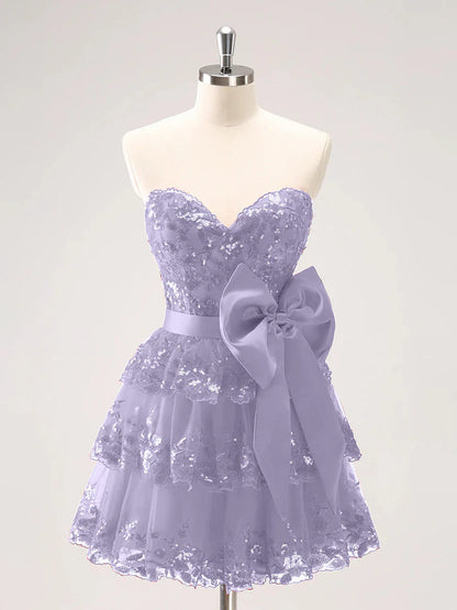 Stunning Homecoming Dress Sweetheart Lace Sequins Applique Cascade Bowknot Back to School Outfits Party Dress D7925