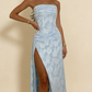 Light Blue Strapless Sheath Split Long Party Dress Wedding Guest Dress, D355