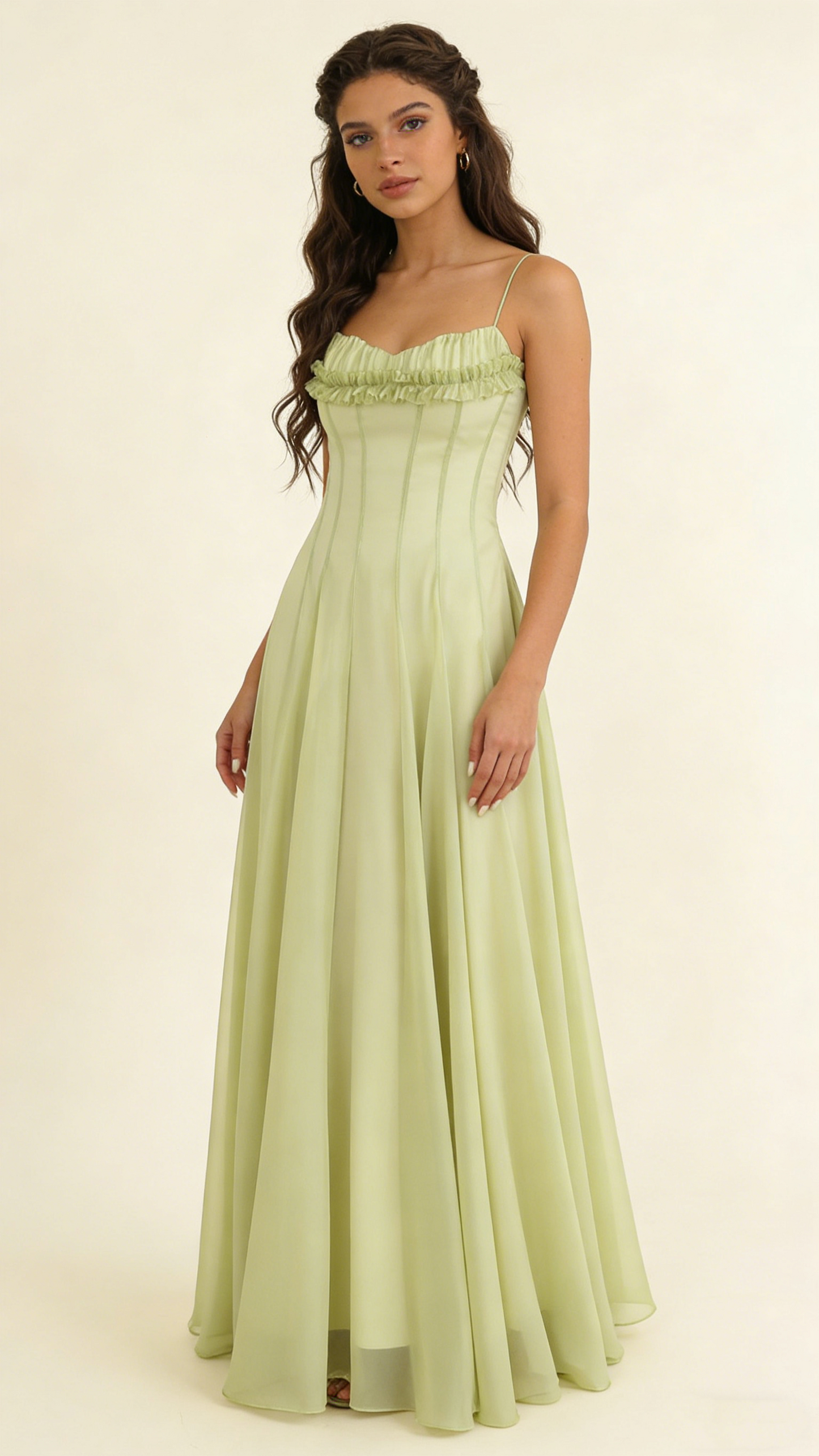 Hellgrünes Spaghettiträger A-Linie Chiffon Langes Ballkleid Geburtstagskleid, D742