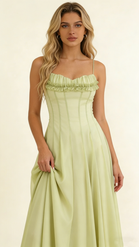 Hellgrünes Spaghettiträger A-Linie Chiffon Langes Ballkleid Geburtstagskleid, D742