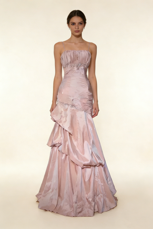 Light Pink Prom Dress Spaghetti Straps Mermaid Beading Vintage Long Party Dress Birthday Outfits, D899