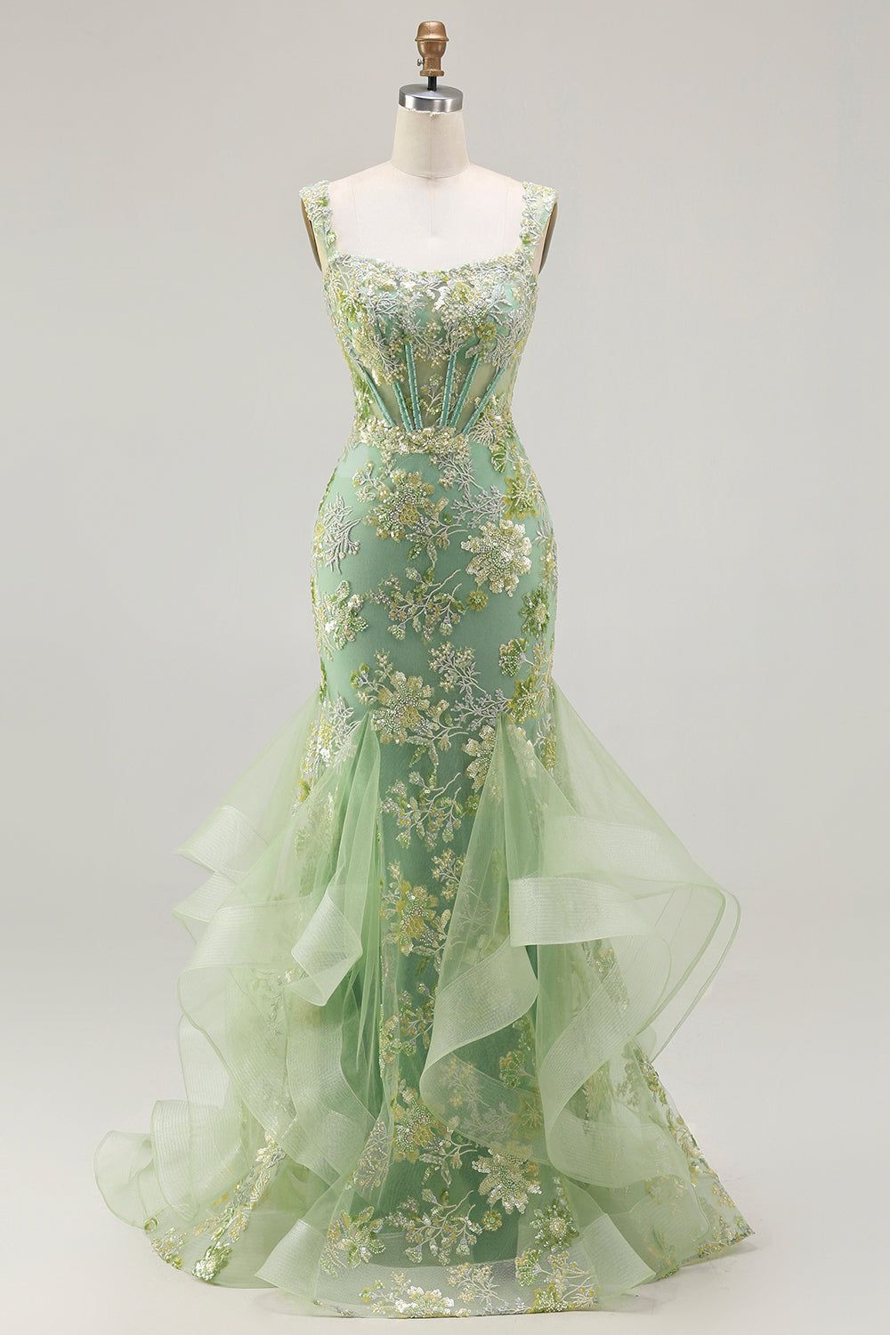 Chic Mermaid Tulle Long Evening Dress Green Straps Prom Dress M003
