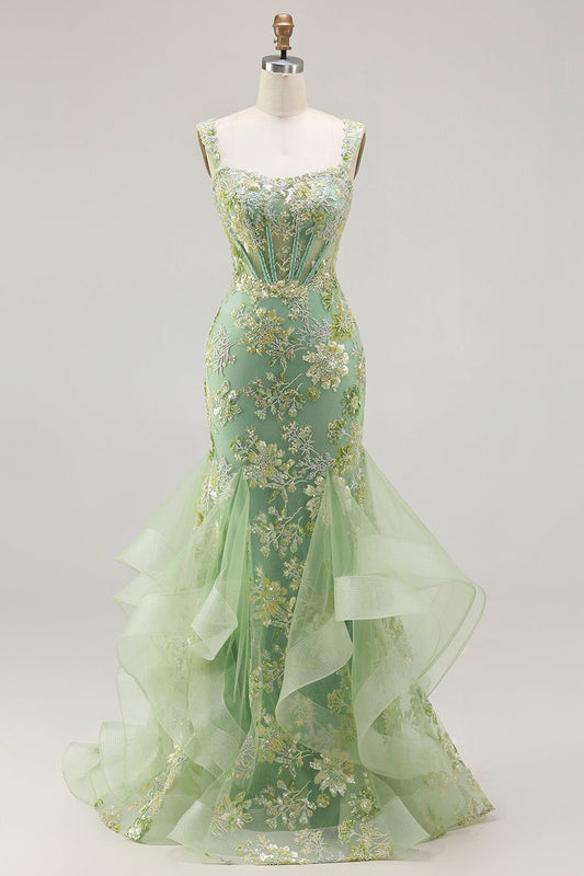 Chic Mermaid Tulle Long Evening Dress Green Straps Prom Dress M003