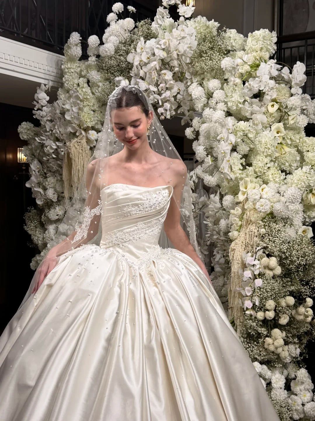 Ivory Satin Ball Gown Wedding Dress With Pearl-Embroidered  Lace Appliques Dress M006