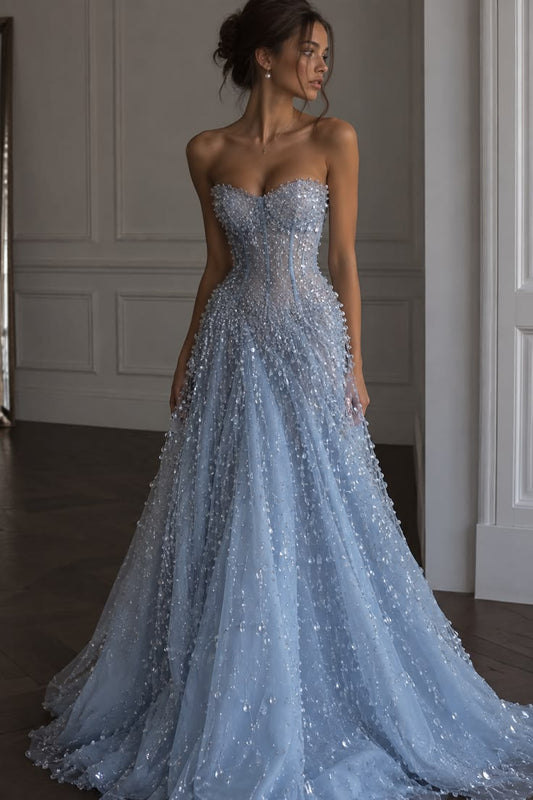 Romantic Light Blue Strapless A-Line Dress Rhinestone Tulle Dress M009