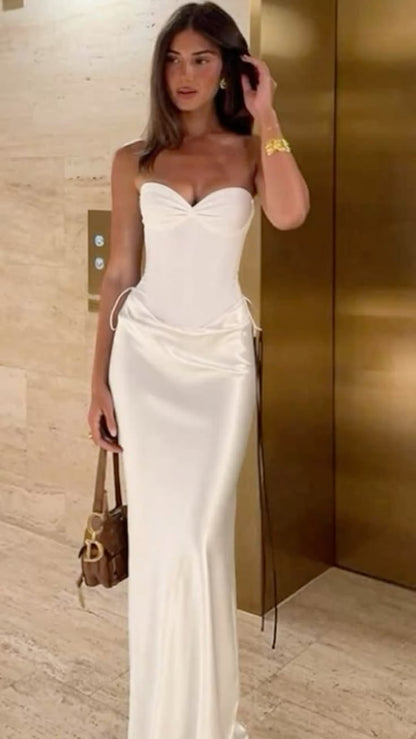 Pretty White Sweetheart Stretch Lining Satin Sheath Dress M023