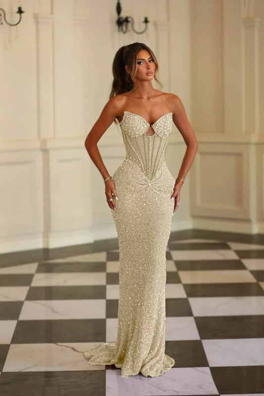 Pretty Champagne Sweetheart Mermaid Dress Rhinestone Sequins Evening Dress M024