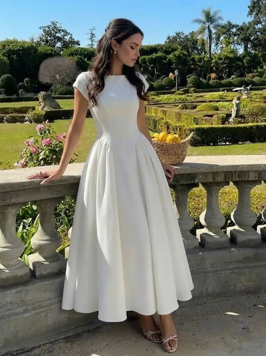 Elegant White Simple Jewel Neck A-Line Ankle Length Short-Sleeves Dress M027