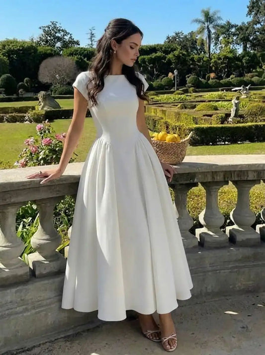 Elegant White Simple Jewel Neck A-Line Ankle Length Short-Sleeves Dress M027