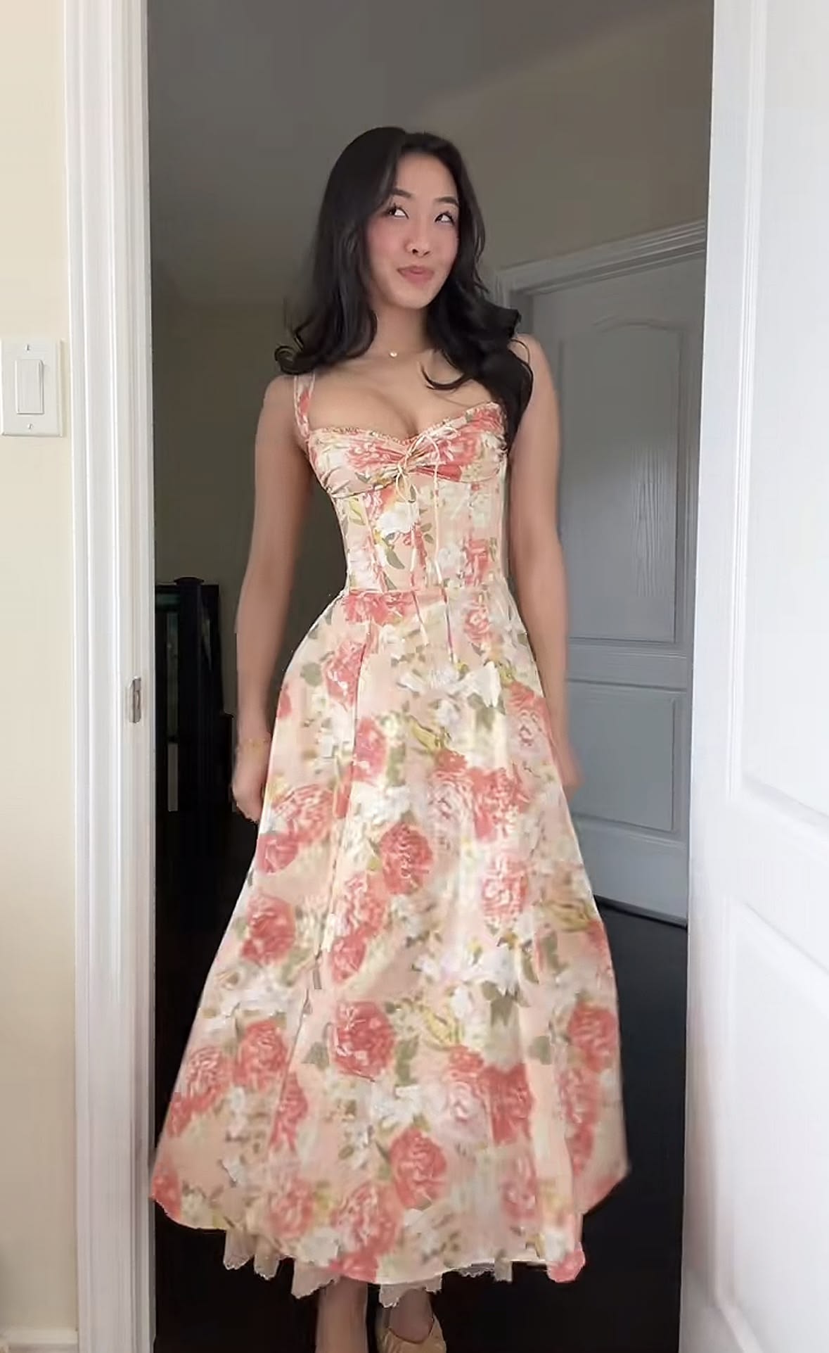 French-Style Floral Print Strap Chiffon Dress A-Line Ankle Length Dress M028
