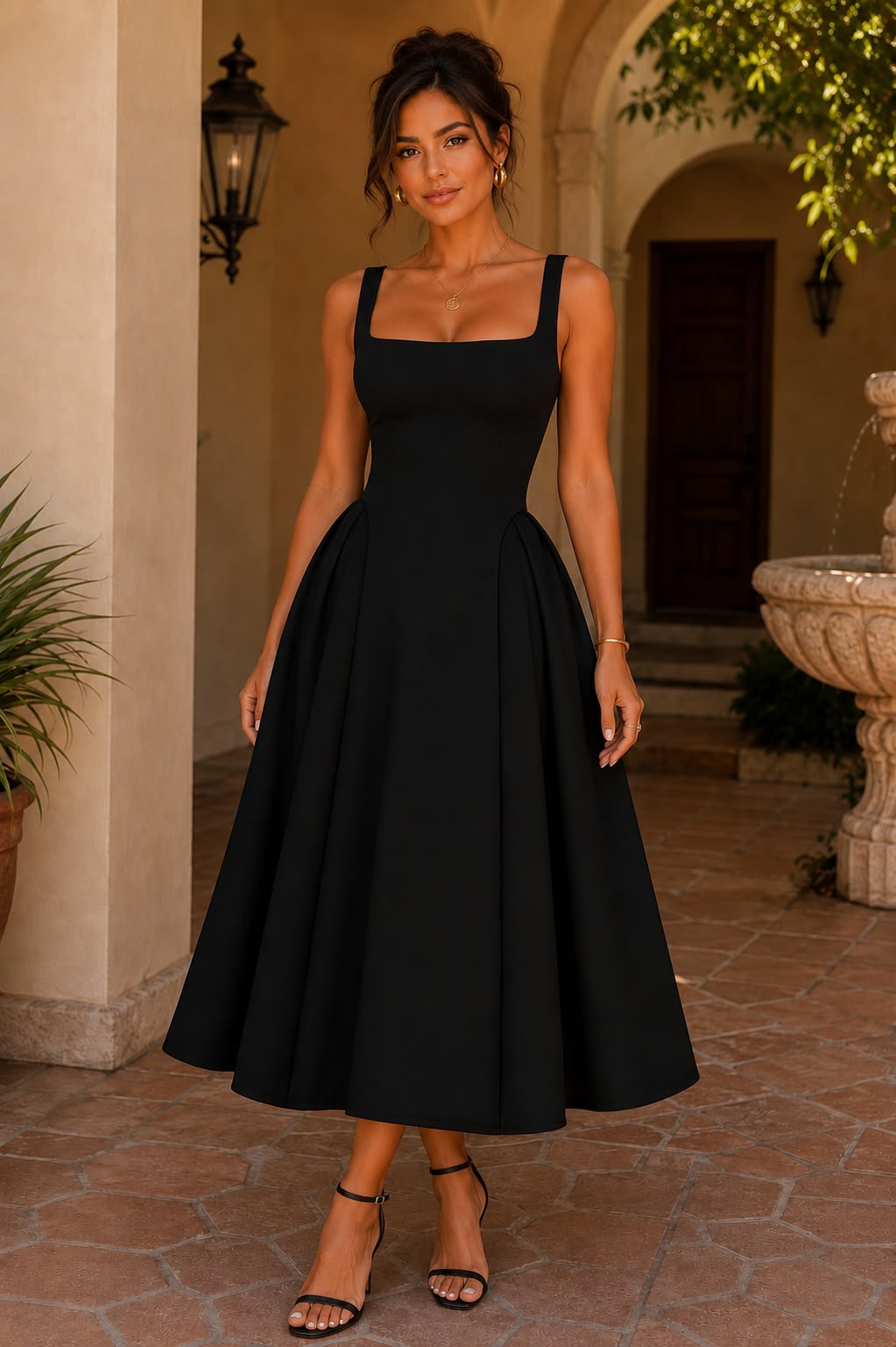 French-Style Elegant Black Square Neck A-Line Dress Ankle-Length Party Dress M030