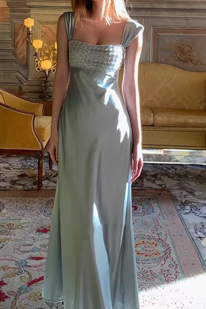 Pretty Mint Green Square-Neck Satin Sheath Dress Beading Rhinestones Party Dress M031