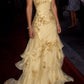 Chic Pastel Yellow Off-The-Shoulder Gold Embroidery Ruffles Dress Prom Dress M032
