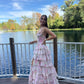 Sweet Pink  Floral Print Spaghetti Strap Chiffon Ruffled Beaded High Slit Prom Quinceanera Dress M035