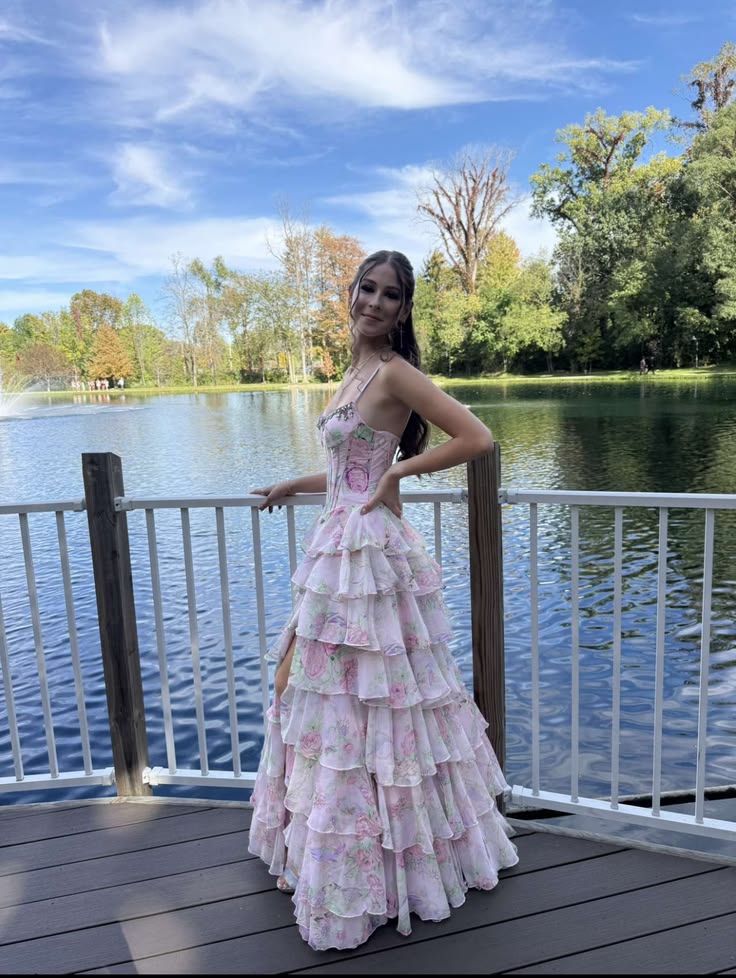 Sweet Pink  Floral Print Spaghetti Strap Chiffon Ruffled Beaded High Slit Prom Quinceanera Dress M035