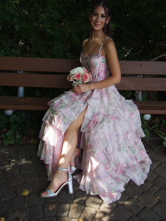 Sweet Pink  Floral Print Spaghetti Strap Chiffon Ruffled Beaded High Slit Prom Quinceanera Dress M035