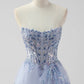 Dreamy Light Blue A-Line Spaghetti Strap Sequins Tulle Dress Prom Dress M050