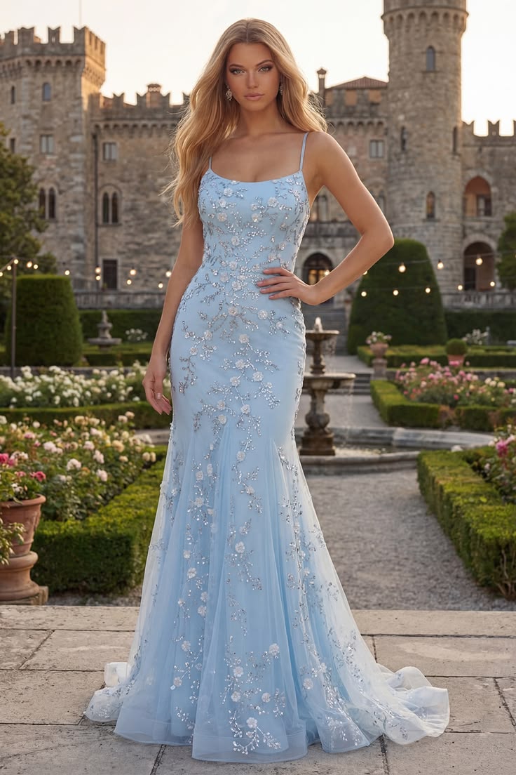 Pretty Light Blue Spaghetti Strap Appliques Beaded Mermaid Party Dress M041