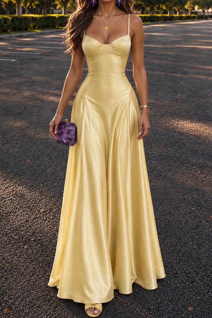 Elegant Pastel Yellow Long A-Line  Spaghetti Strap Satin Party Dress M043