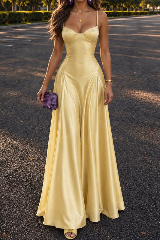 Elegant Pastel Yellow Long A-Line  Spaghetti Strap Satin Party Dress M043