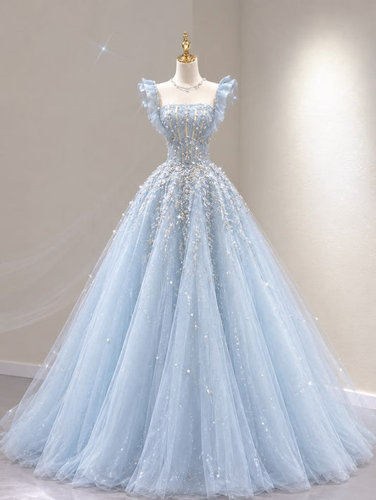 Elegant Light Blue Ball Gown Square Neck Ruffle Strap Beaded Rhinestone Tulle Prom Quinceanera M045