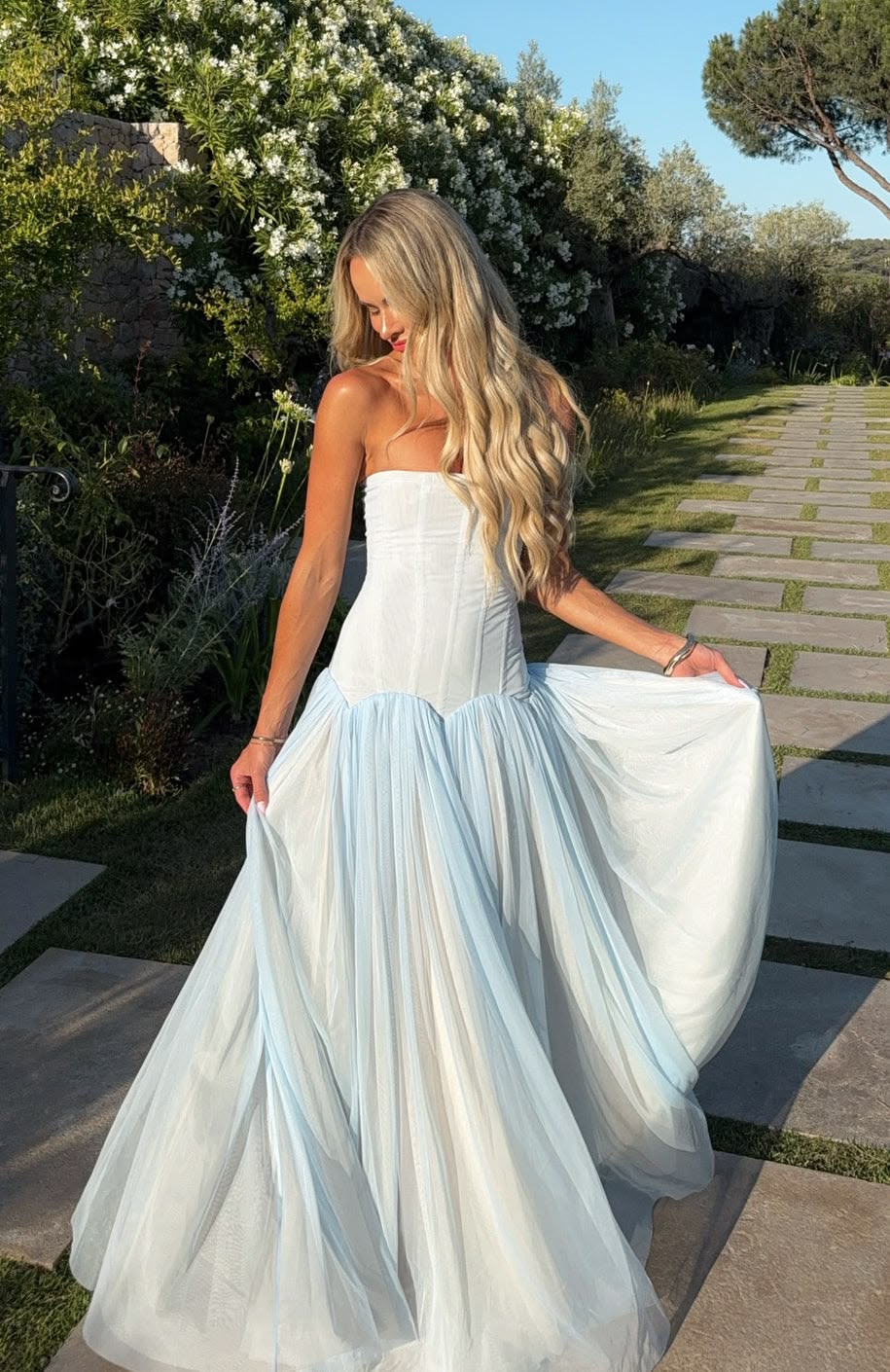 Simple Light Blue Flowy A-Line Strapless Sheer Chiffon Party Dress M048