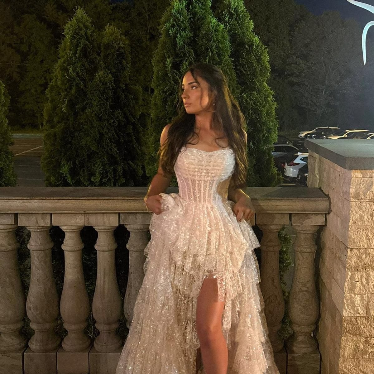 Stunning Ivory Ball Gown Strapless Lace Sequins Ruffles Tulle Dress Evening Dress Prom Dress M047