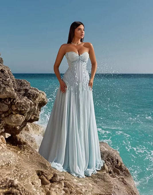 Classy Lavender A-Line Dress Sweetheart Appliques Pleated Chiffon Prom Dress M051