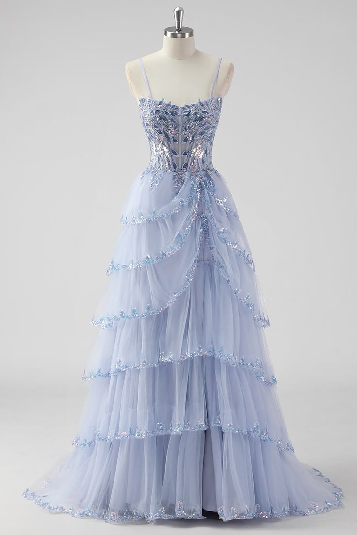 Dreamy Light Blue A-Line Spaghetti Strap Sequins Tulle Dress Prom Dress M050